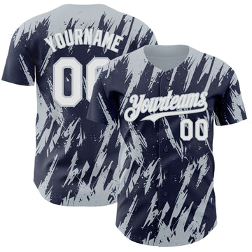 Custom Navy White-Silver 3D Pattern Design Splatter Torn Sharp Brush Stroke Authentic Baseball Jersey