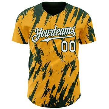 Custom Gold White-Green 3D Pattern Design Splatter Torn Sharp Brush Stroke Authentic Baseball Jersey