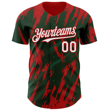 Custom Green White-Red 3D Pattern Design Splatter Torn Sharp Brush Stroke Authentic Baseball Jersey