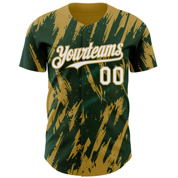 Custom Green White-Old Gold 3D Pattern Design Splatter Torn Sharp Brush Stroke Authentic Baseball Jersey