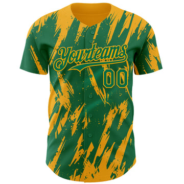 Custom Kelly Green Gold 3D Pattern Design Splatter Torn Sharp Brush Stroke Authentic Baseball Jersey