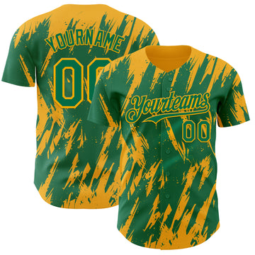 Custom Kelly Green Gold 3D Pattern Design Splatter Torn Sharp Brush Stroke Authentic Baseball Jersey