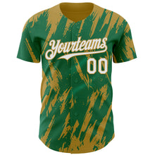 Laden Sie das Bild in den Galerie-Viewer, Custom Kelly Green White-Old Gold 3D Pattern Design Splatter Torn Sharp Brush Stroke Authentic Baseball Jersey

