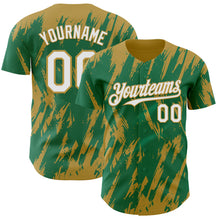 Laden Sie das Bild in den Galerie-Viewer, Custom Kelly Green White-Old Gold 3D Pattern Design Splatter Torn Sharp Brush Stroke Authentic Baseball Jersey
