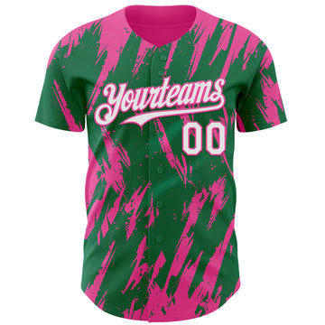 Custom Kelly Green White-Pink 3D Pattern Design Splatter Torn Sharp Brush Stroke Authentic Baseball Jersey