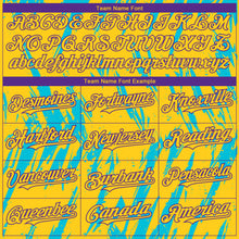 Load image into Gallery viewer, Custom Yellow Purple-Lakes Blue 3D Pattern Design Splatter Torn Sharp Brush Stroke Authentic Baseball Jersey
