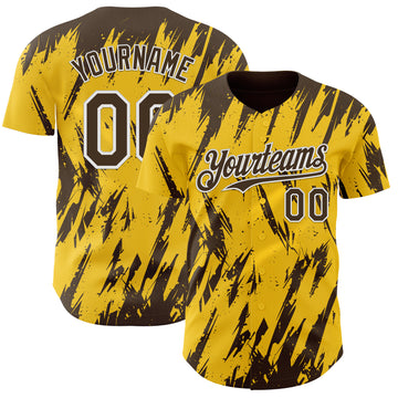Custom Yellow Brown-White 3D Pattern Design Splatter Torn Sharp Brush Stroke Authentic Baseball Jersey