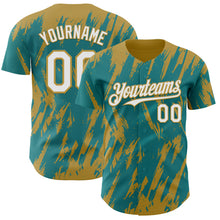 Загрузить изображение в средство просмотра галереи, Custom Teal White-Old Gold 3D Pattern Design Splatter Torn Sharp Brush Stroke Authentic Baseball Jersey

