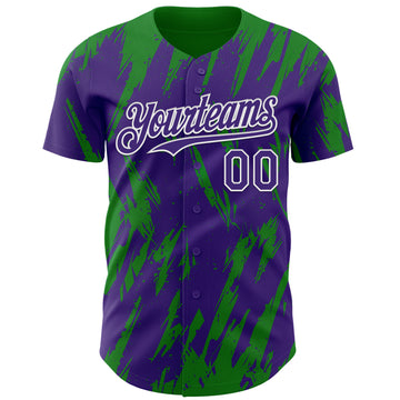 Custom Purple White-Grass Green 3D Pattern Design Splatter Torn Sharp Brush Stroke Authentic Baseball Jersey