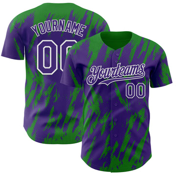 Custom Purple White-Grass Green 3D Pattern Design Splatter Torn Sharp Brush Stroke Authentic Baseball Jersey