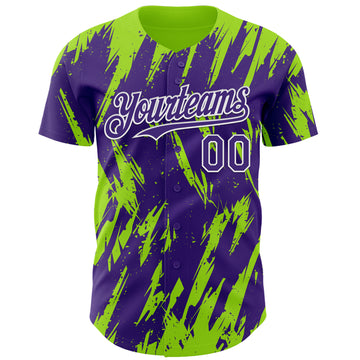 Custom Purple White-Neon Green 3D Pattern Design Splatter Torn Sharp Brush Stroke Authentic Baseball Jersey