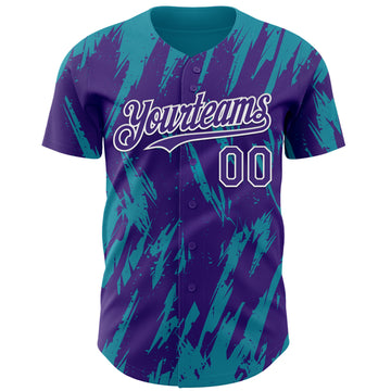Custom Purple White-Teal 3D Pattern Design Splatter Torn Sharp Brush Stroke Authentic Baseball Jersey