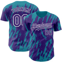 Загрузить изображение в средство просмотра галереи, Custom Purple White-Teal 3D Pattern Design Splatter Torn Sharp Brush Stroke Authentic Baseball Jersey
