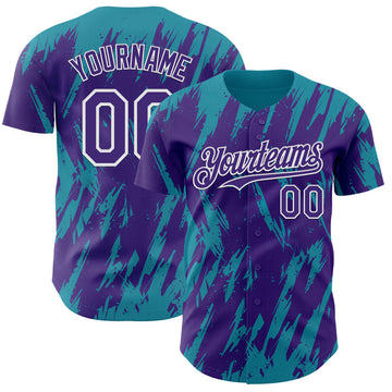 Custom Purple White-Teal 3D Pattern Design Splatter Torn Sharp Brush Stroke Authentic Baseball Jersey