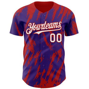 Custom Purple White-Red 3D Pattern Design Splatter Torn Sharp Brush Stroke Authentic Baseball Jersey