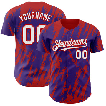 Custom Purple White-Red 3D Pattern Design Splatter Torn Sharp Brush Stroke Authentic Baseball Jersey