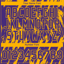 Laden Sie das Bild in den Galerie-Viewer, Custom Purple Gold 3D Pattern Design Splatter Torn Sharp Brush Stroke Authentic Baseball Jersey
