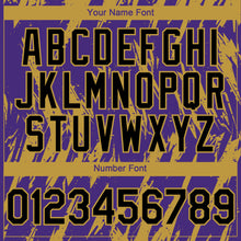 Charger l'image dans la galerie, Custom Purple Old Gold 3D Pattern Design Splatter Torn Sharp Brush Stroke Authentic Baseball Jersey
