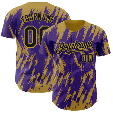 Custom Purple Old Gold 3D Pattern Design Splatter Torn Sharp Brush Stroke Authentic Baseball Jersey