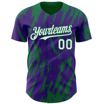 Custom Purple White-Kelly Green 3D Pattern Design Splatter Torn Sharp Brush Stroke Authentic Baseball Jersey