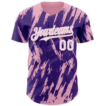 Custom Purple White-Light Pink 3D Pattern Design Splatter Torn Sharp Brush Stroke Authentic Baseball Jersey
