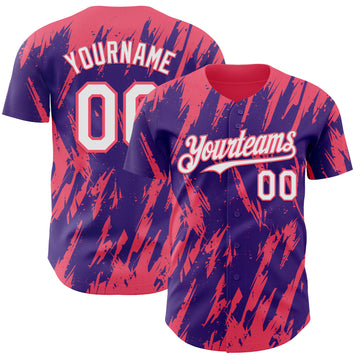 Custom Purple White-Neon Pink 3D Pattern Design Splatter Torn Sharp Brush Stroke Authentic Baseball Jersey