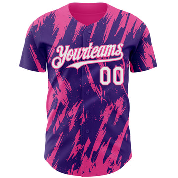 Custom Purple White-Pink 3D Pattern Design Splatter Torn Sharp Brush Stroke Authentic Baseball Jersey