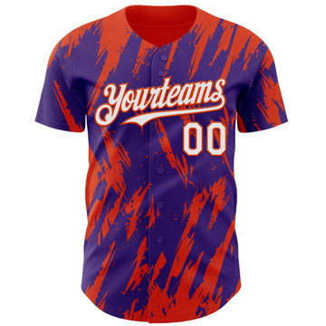 Custom Purple White-Orange 3D Pattern Design Splatter Torn Sharp Brush Stroke Authentic Baseball Jersey