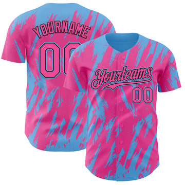 Custom Pink Black-Sky Blue 3D Pattern Design Splatter Torn Sharp Brush Stroke Authentic Baseball Jersey