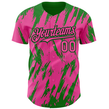 Custom Pink Black-Grass Green 3D Pattern Design Splatter Torn Sharp Brush Stroke Authentic Baseball Jersey
