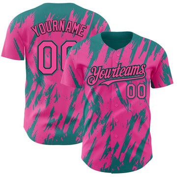 Custom Pink Black-Teal 3D Pattern Design Splatter Torn Sharp Brush Stroke Authentic Baseball Jersey