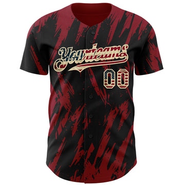 Custom Black Vintage USA Flag Cream-Crimson 3D Pattern Design Splatter Torn Sharp Brush Stroke Authentic Baseball Jersey