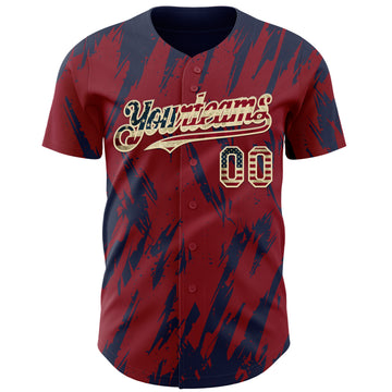 Custom Crimson Vintage USA Flag Cream-Navy 3D Pattern Design Splatter Torn Sharp Brush Stroke Authentic Baseball Jersey
