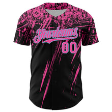 Load image into Gallery viewer, Custom Black Pink-Light Blue Distressed Scratch Brush Stroke Authentic Baseball Jersey
