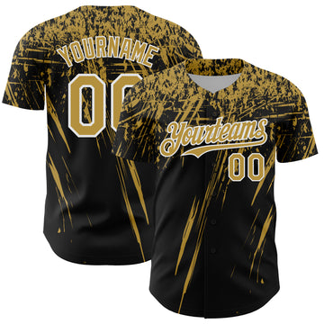 Custom Black Old Gold-White Distressed Scratch Brush Stroke Authentic Baseball Jersey