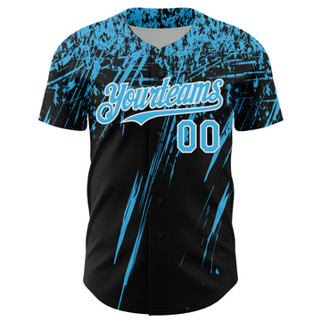 Custom Black Sky Blue-White Distressed Scratch Brush Stroke Authentic Baseball Jersey