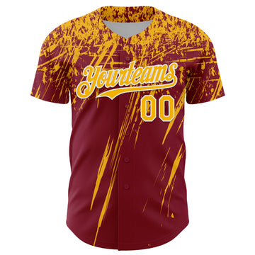 Custom Crimson Gold-White Distressed Scratch Brush Stroke Authentic Baseball Jersey