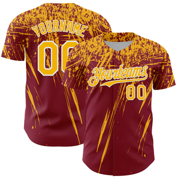 Custom Crimson Gold-White Distressed Scratch Brush Stroke Authentic Baseball Jersey