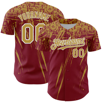 Custom Crimson Old Gold-White Distressed Scratch Brush Stroke Authentic Baseball Jersey