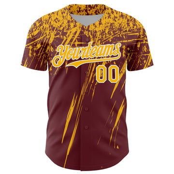 Custom Burgundy Gold-White Distressed Scratch Brush Stroke Authentic Baseball Jersey