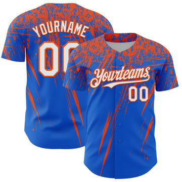 Custom Thunder Blue White-Orange Distressed Scratch Brush Stroke Authentic Baseball Jersey
