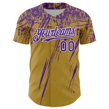 Custom Old Gold Purple-White Distressed Scratch Brush Stroke Authentic Baseball Jersey