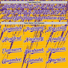Laden Sie das Bild in den Galerie-Viewer, Custom Gold Purple-White Distressed Scratch Brush Stroke Authentic Baseball Jersey
