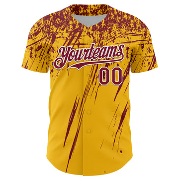 Custom Gold Crimson-White Distressed Scratch Brush Stroke Authentic Baseball Jersey