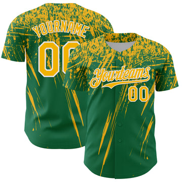 Custom Kelly Green Gold-White Distressed Scratch Brush Stroke Authentic Baseball Jersey