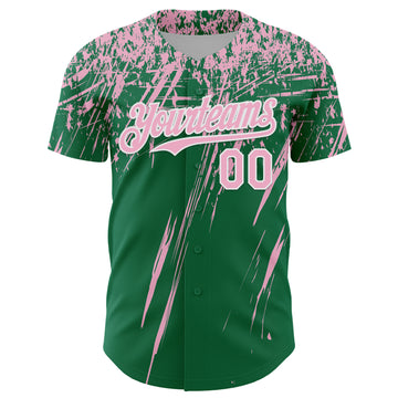Custom Kelly Green Light Pink-White Distressed Scratch Brush Stroke Authentic Baseball Jersey
