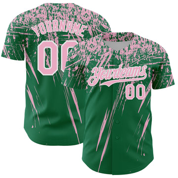 Custom Kelly Green Light Pink-White Distressed Scratch Brush Stroke Authentic Baseball Jersey