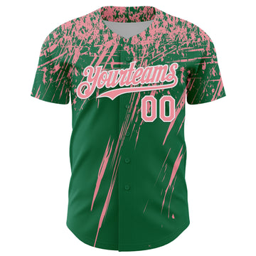 Custom Kelly Green Medium Pink-White Distressed Scratch Brush Stroke Authentic Baseball Jersey