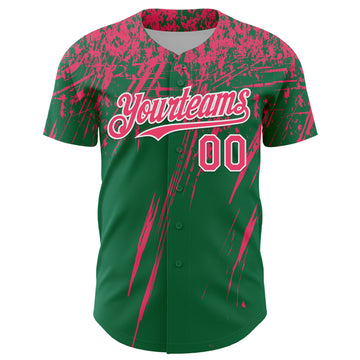 Custom Kelly Green Neon Pink-White Distressed Scratch Brush Stroke Authentic Baseball Jersey