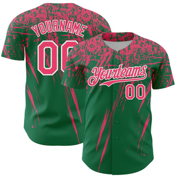 Custom Kelly Green Neon Pink-White Distressed Scratch Brush Stroke Authentic Baseball Jersey